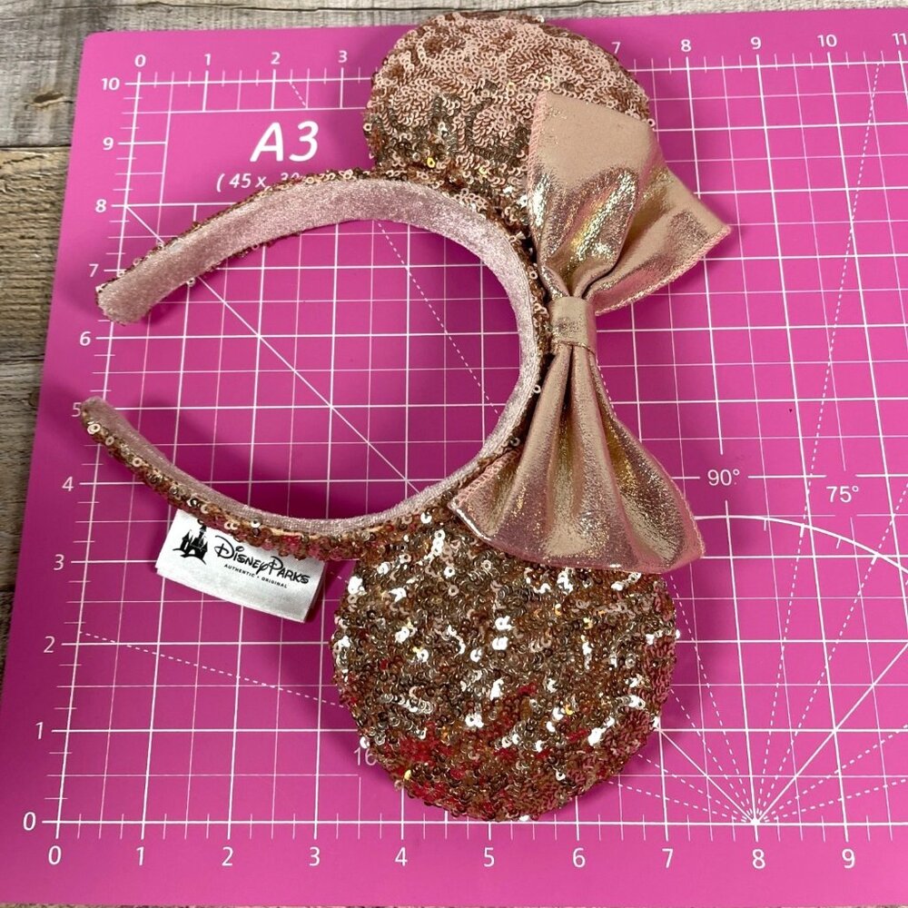 Rose Gold Walt Disney Parks Minnie Mickey Mouse Ears Headband Bow Pink Sequins - Picture 11 of 12